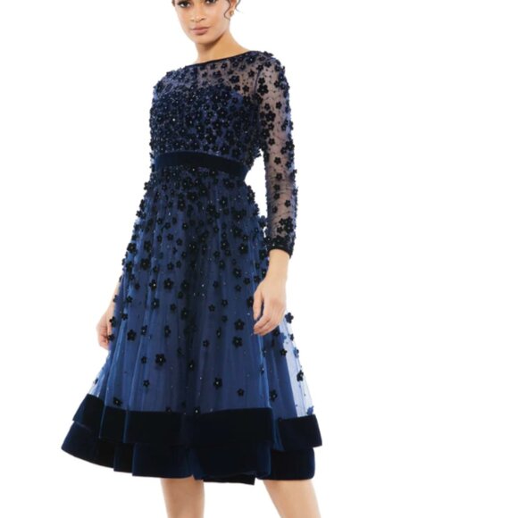 MAC DUGGAL 67007 EMBELLISHED ILLUSIONS HIGH NECK LONG SLEEVE MIDNIGHT DRESS sz 0 - Picture 1 of 4